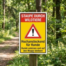 Das Bild zeigt ein Warnschild im Wald, das auf die Gefahr von Staupe durch Wildtiere hinweist. Es fordert Hundebesitzer auf, ihre Hunde anzuleinen und auf den Wegen zu bleiben, um Risiken zu vermeiden.