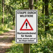 Das Bild zeigt ein Warnschild im Wald, das auf die Gefahr...