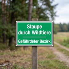 Das Bild zeigt ein grünes Schild, das auf die Gefahr von Staupe durch Wildtiere hinweist. Es steht in einem ländlichen Bereich und informiert Passanten über einen gefährdeten Bezirk, in dem besondere Vorsicht geboten ist.