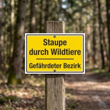 Das Bild zeigt ein gelbes Warnschild, das auf Staupe durch Wildtiere hinweist und den Hinweis „Gefährdeter Bezirk“ enthält. Es ist an einem Holzpfahl im Wald angebracht und soll Passanten vor möglichen Risiken durch Wildtiere in diesem Gebiet warnen.