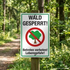 Das Bild zeigt ein Schild im Wald, das deutlich macht, dass der Bereich gesperrt ist. Es trägt die Aufschrift „Wald gesperrt!“ und enthält ein Symbol mit einem durchgestrichenen Baum sowie den Hinweis „Betreten verboten! Lebensgefahr!“, um auf die Gefahren im gesperrten Gebiet hinzuweisen.