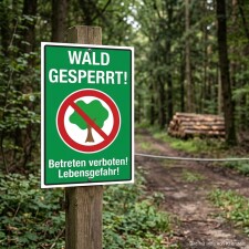 Das Bild zeigt ein Schild mit der Aufschrift Wald gesperrt! in großen, weißen Buchstaben auf grünem Hintergrund. Es warnt davor, den Wald zu betreten, da Lebensgefahr besteht, und ist an einem Waldweg aufgestellt, der von einem Seil abgesperrt ist, während im Hintergrund Holzstämme gelagert sind.