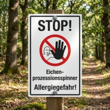 Das Bild zeigt ein Warnschild, das vor Allergiegefahr durch den Eichenprozessionsspinner warnt. Es ist an einem Waldweg aufgestellt und zeigt ein rotes Stoppsymbol mit einer Hand und einem durchgestrichenen Kopf, um auf die Gefahr hinzuweisen.