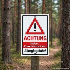 Das Bild zeigt ein Warnschild, das auf die Allergiegefahr durch den Kiefern-Prozessionsspinner hinweist. Es steht in einem Waldgebiet und ist gut sichtbar, um Passanten vor möglichen gesundheitlichen Risiken zu warnen.