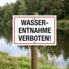 Das Bild zeigt ein Schild mit der Aufschrift WASSERENTNAHME VERBOTEN! in großen, schwarzen Buchstaben auf weißem Hintergrund, umrahmt von einem roten Rand. Das Schild steht an einem Gewässer, um Passanten darauf hinzuweisen, dass das Entnehmen von Wasser an dieser Stelle nicht erlaubt ist.
