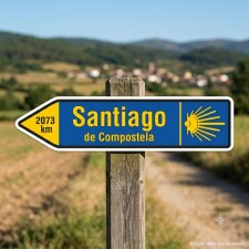 Das Bild zeigt ein Schild, das auf den Weg nach Santiago de Compostela hinweist. Es ist blau mit gelben Schriftzügen und zeigt die Entfernung mit selbst hinterlegbaren Kilometern, ergänzt durch ein stilisiertes Symbol, das das Logo vom Jakobsweg darstellt.