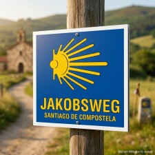 Das Bild zeigt ein Schild des Jakobswegs, das auf einem Holzpfosten montiert ist. Es hat einen blauen Hintergrund mit gelben Schriftzügen und einem Sonnenmotiv, und es dient als Wegweiser für Pilger auf dem Weg nach Santiago de Compostela.
