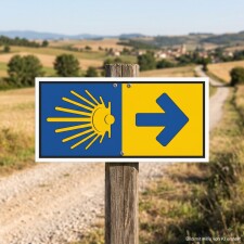 Das Bild zeigt ein Wegweiser-Schild für den Jakobsweg, das auf der linken Seite ein gelbes Symbol mit einer stilisierten Sonne und Strahlen zeigt, während die rechte Seite einen blauen Pfeil nach rechts anzeigt. Das Schild steht an einem Weg in einer ländlichen Umgebung und dient Pilgern als Orientierungshilfe auf ihrem Weg.