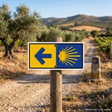 Das Bild zeigt einen Wegweiser, der nach links zeigt und auf einem Holzpfosten montiert ist. Der Schildhintergrund ist gelb und blau, mit einem Symbol, das eine Sonne darstellt, und wird in einem ländlichen Kontext verwendet, um Wanderer oder Pilger auf einem Pfad zu leiten.