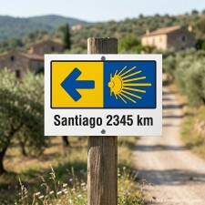Das Bild zeigt ein Schild, das als Wegweiser für den Jakobsweg dient. Es ist in den Farben Blau und Gelb gestaltet und zeigt einen Pfeil nach links sowie das Symbol einer Sonne, daneben steht die Entfernung nach Santiago mit 2345 km.