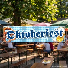 Das Bild zeigt ein großes, farbenfrohes Banner mit der Aufschrift Oktoberfest, das in einem Biergarten aufgehängt ist. Es ist umgeben von einer blauen und weißen Rautenstruktur, die typisch für bayerische Motive ist, und zeigt neben der Schrift eine Brezel und ein Bierglas, was auf das Fest und die bayerische Kultur hinweist.