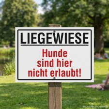 Das Bild zeigt ein Schild mit der Aufschrift LIEGEWIESE oben und darunter in roter Schrift Hunde sind hier nicht erlaubt!. Das Schild steht auf einer Wiese, die vermutlich für Erholung und Entspannung genutzt wird.