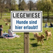 Das Bild zeigt ein Schild mit der Aufschrift LIEGEWIESE und darunter Hunde sind hier erlaubt! in blauer Schrift auf weißem Hintergrund. Das Schild steht in einem Park, wo Menschen auf einer Wiese sitzen und Hunde umherlaufen.