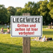 Das Bild zeigt ein Schild, das auf einer Liegewiese aufgestellt ist. Es informiert darüber, dass Grillen und Zelten in diesem Bereich verboten sind, und ist deutlich in schwarz-weißer Schrift mit roten Akzenten gestaltet.