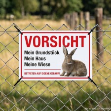 Das Bild zeigt ein Warnschild, das an einem Zaun...