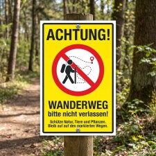 Das Bild zeigt ein gelbes Schild mit der Aufschrift „Achtung! Wanderweg bitte nicht verlassen!“. Es befindet sich in einem Waldgebiet und weist Wanderer darauf hin, auf den markierten Wegen zu bleiben, um die Natur, Tiere und Pflanzen zu schützen.