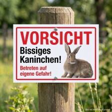 Das Bild zeigt ein Warnschild mit der Aufschrift VORSICHT Bissiges Kaninchen! in großen, auffälligen Buchstaben. Das Schild ist an einem Holzpfosten befestigt und warnt Passanten, dass das Betreten des Bereichs auf eigene Gefahr geschieht, während ein Bild eines Kaninchens abgebildet ist.