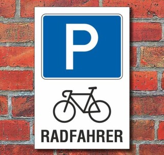 Schild Parkplatz, Radfahrer, 3 mm Alu-Verbund 450 x 300 mm